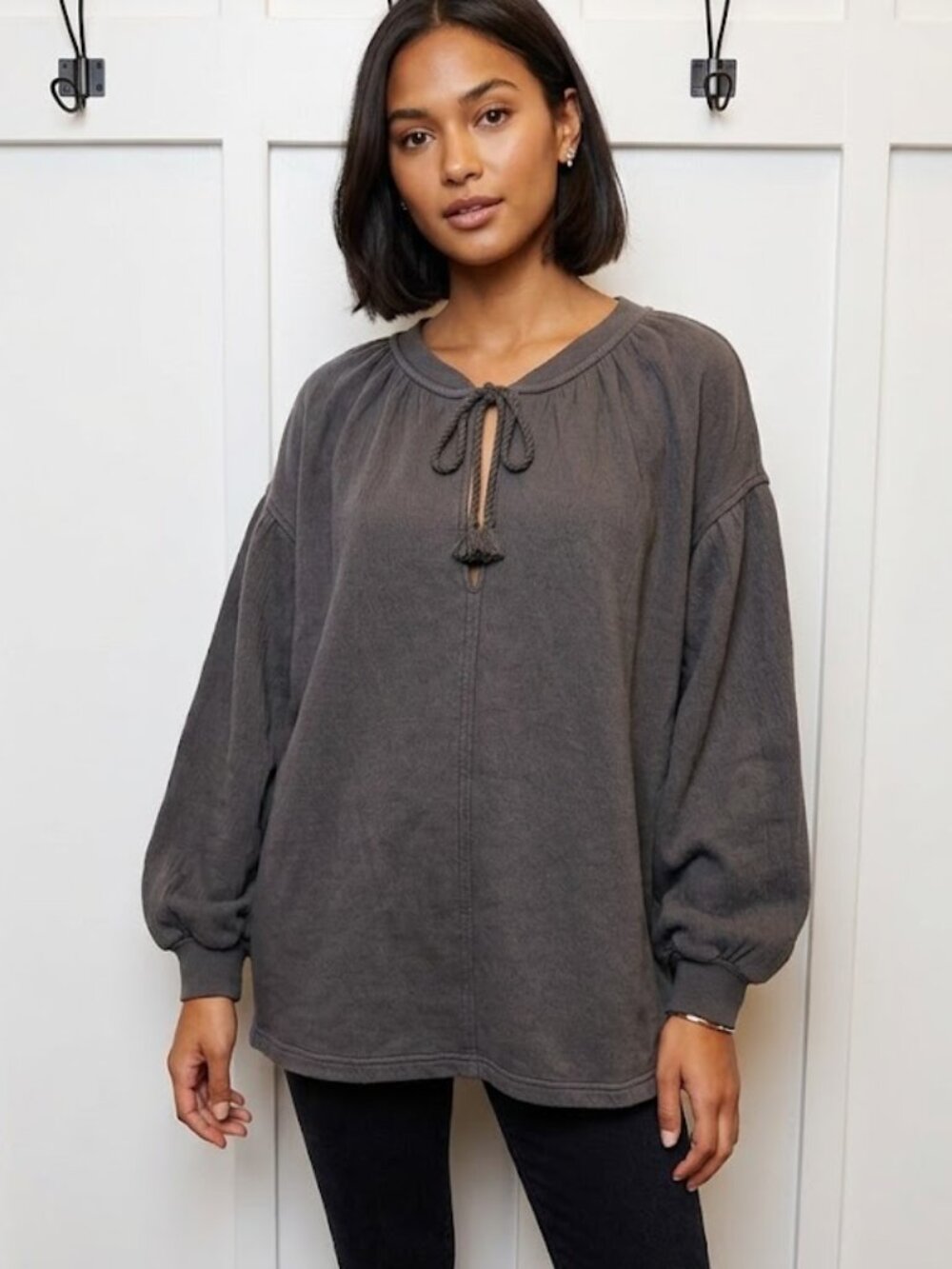 Aerie Size Small Crewneck Tassel Tie Keyhole Shirt Gray Oversized Top Terrycloth